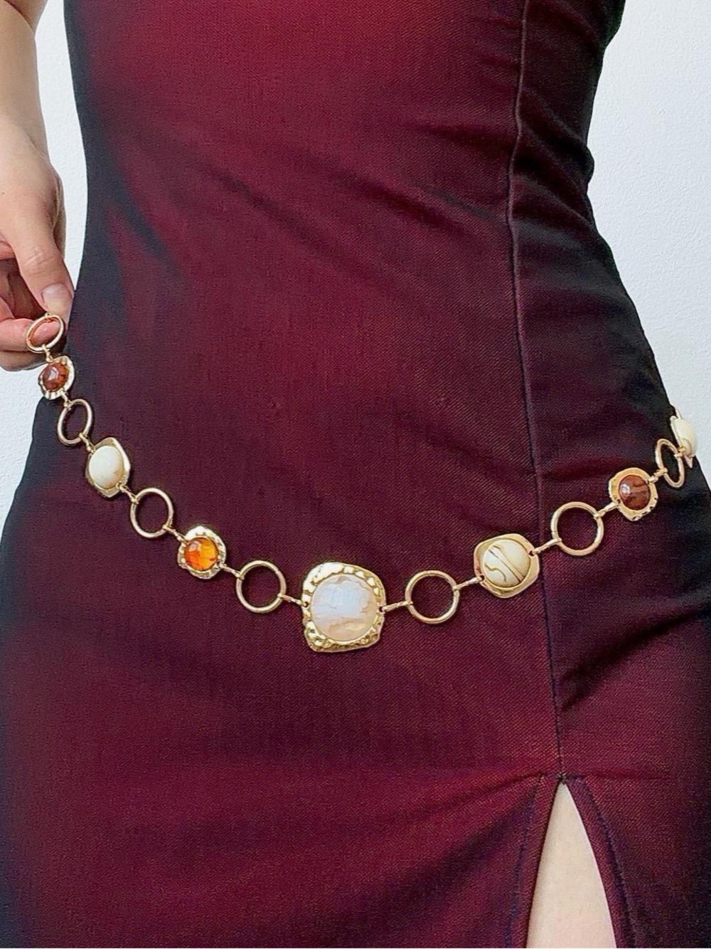 Gold Faux Amber Gemstone Asymmetrical Western Bohemian Chain Waist belt